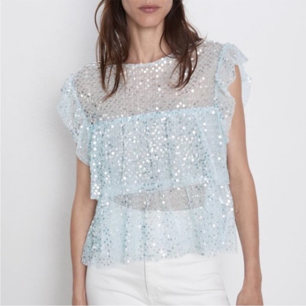 Light Blue Sequin Ruffle Sleeve Top